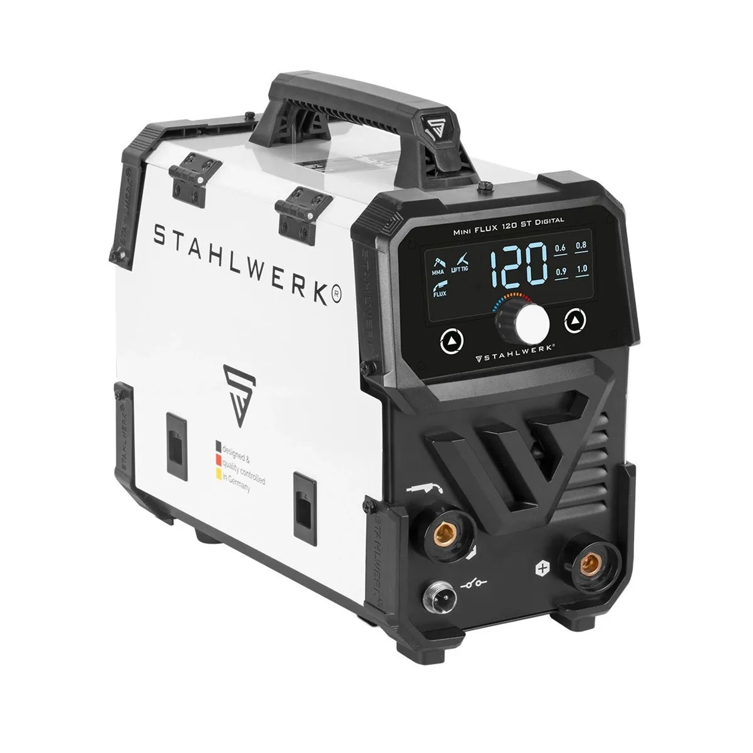 STAHLWERK Schweißgerät FLUX 120 ST Digital, Vollausstattung. MMA, LIFT TIG Funktion. Weißes Gehäuse mit Digitalanzeige.